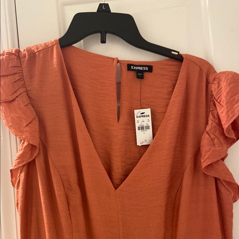 Express Terracotta Ruffle Sleeve Dress